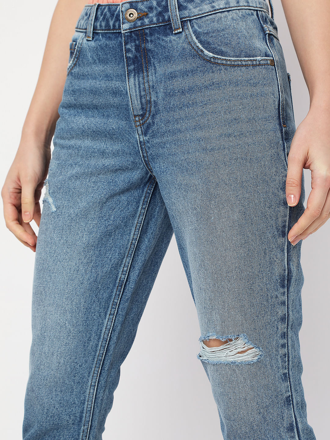 Blue High Rise Distressed Straight Fit Jeans
