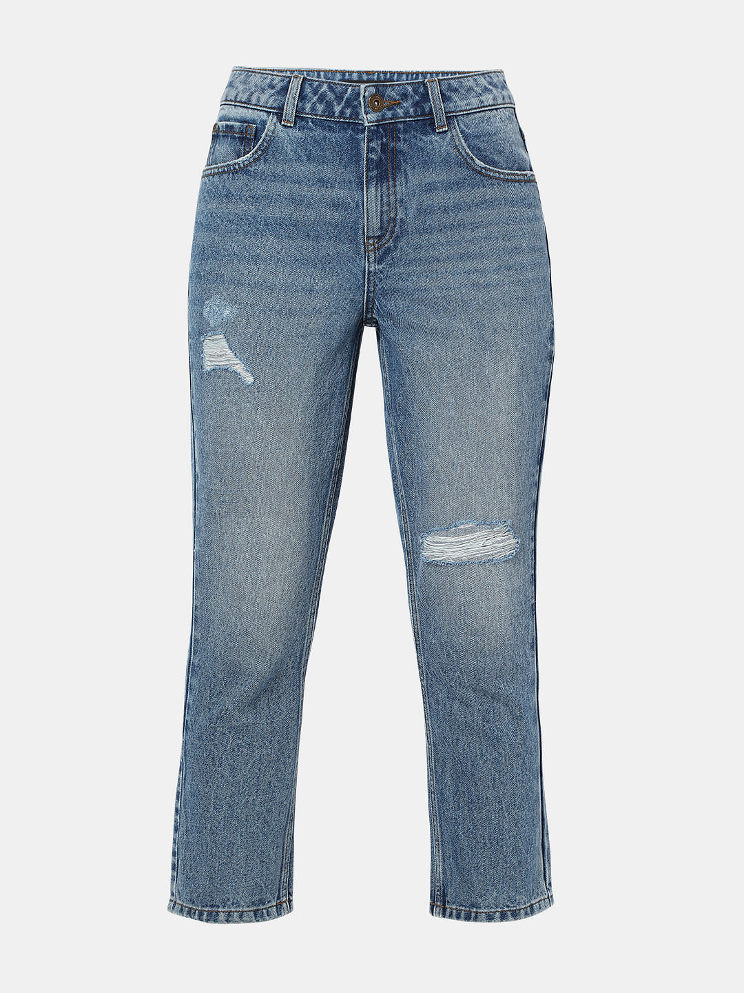 Blue High Rise Distressed Straight Fit Jeans