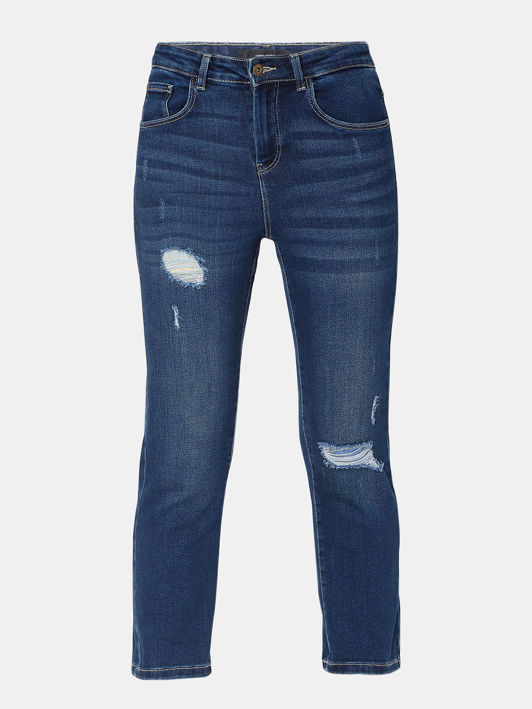 Blue High Rise Ripped Jade Straight Fit Jeans
