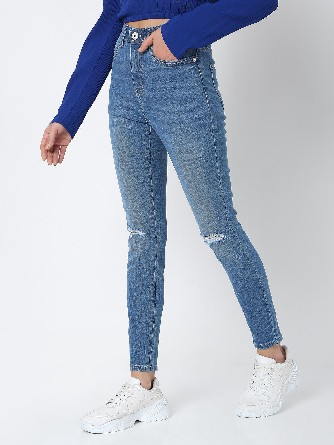 Blue Mid Rise Knee Ripped Wendy Skinny Jeans