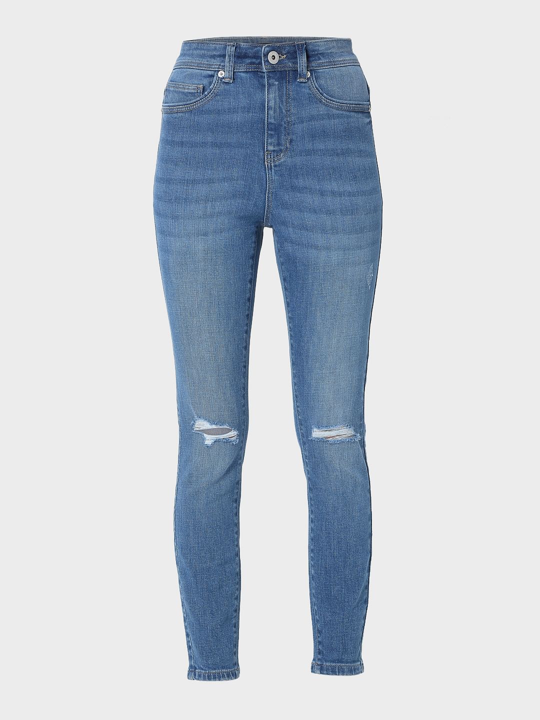 Blue Mid Rise Knee Ripped Wendy Skinny Jeans