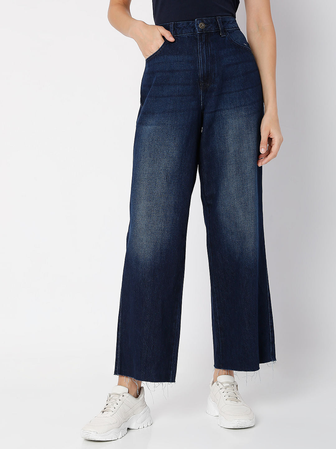 Blue Raw-Edge Zoey Wide-Leg Jeans