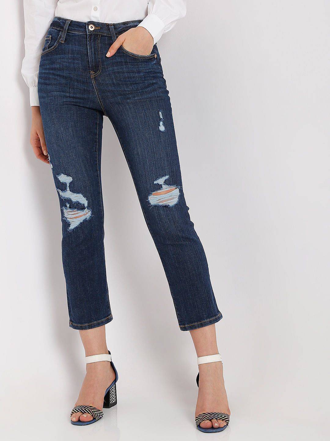 Dark Blue Mid Rise Distressed Jade Straight Fit Jeans