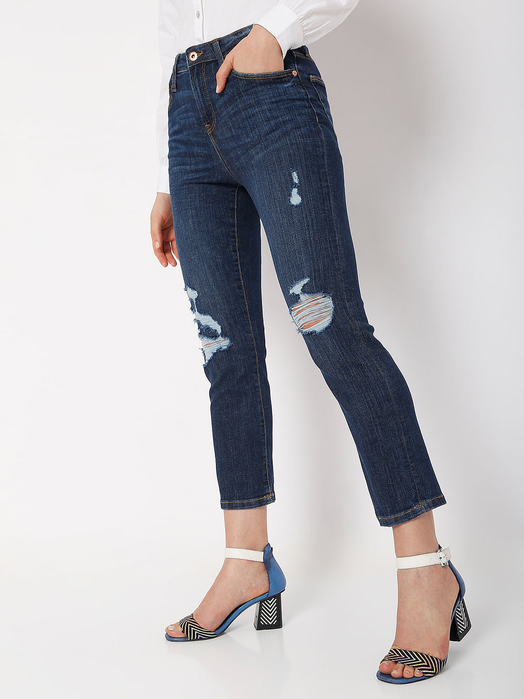 Dark Blue Mid Rise Distressed Jade Straight Fit Jeans