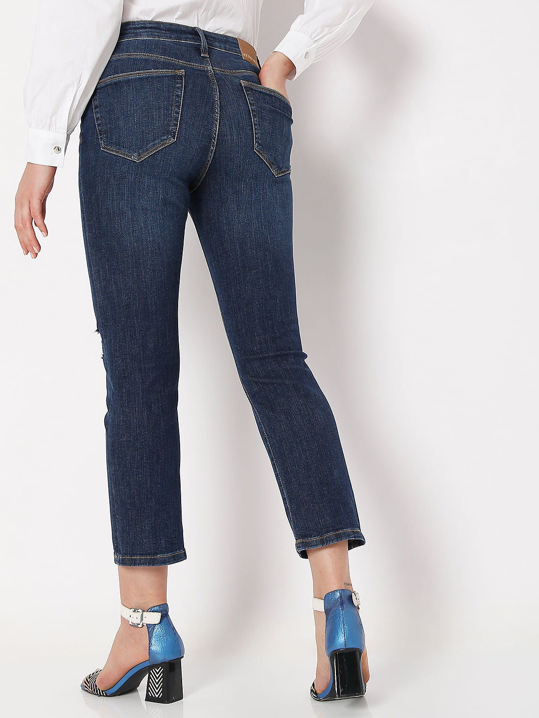 Dark Blue Mid Rise Distressed Jade Straight Fit Jeans