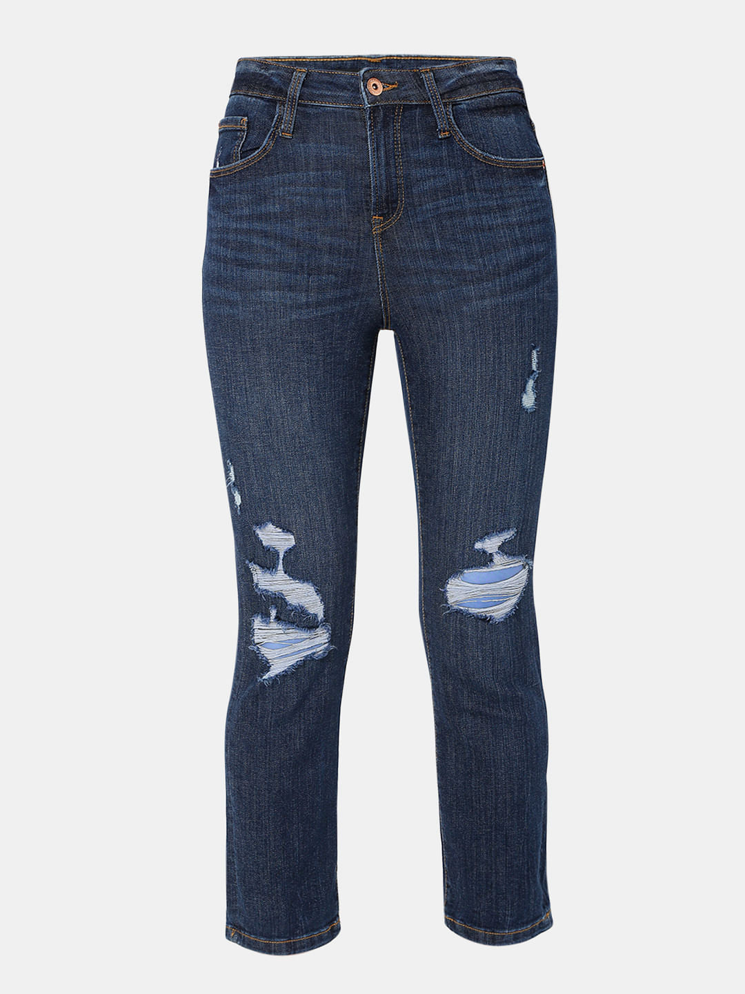 Dark Blue Mid Rise Distressed Jade Straight Fit Jeans