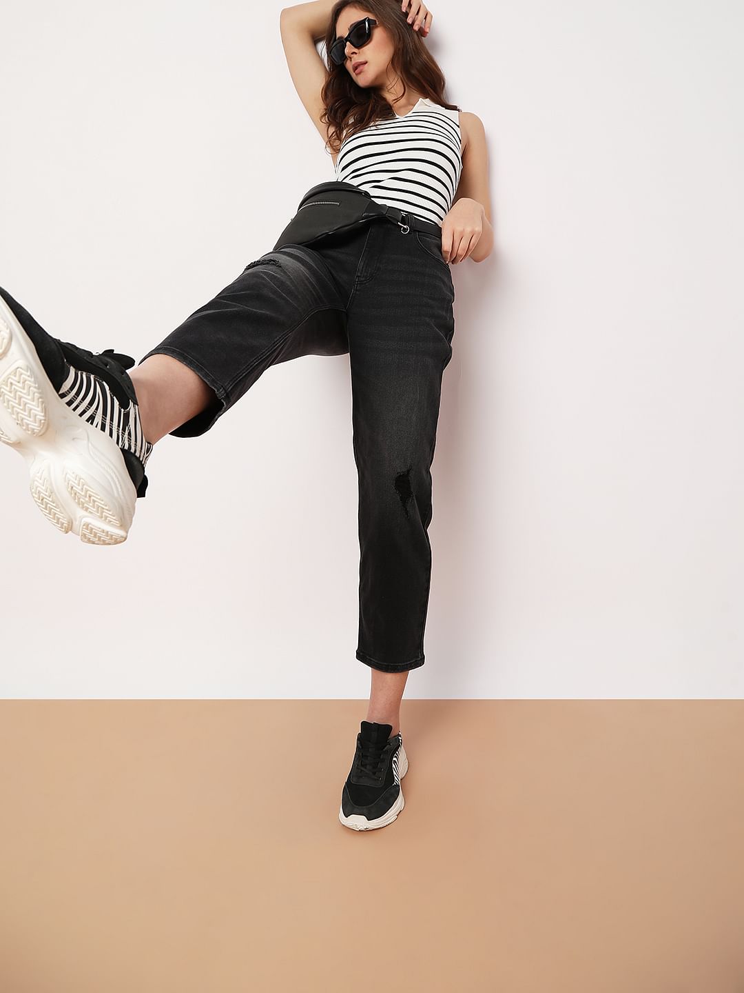 Charcoal Grey High Rise Distressed Mom Fit Jeans