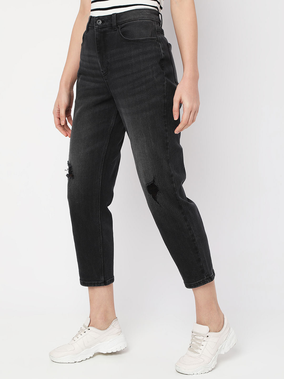 Charcoal Grey High Rise Distressed Mom Fit Jeans