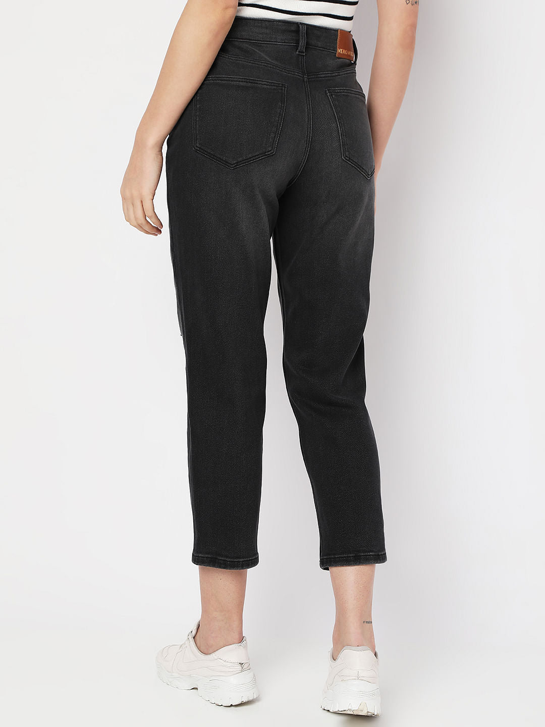 Charcoal Grey High Rise Distressed Mom Fit Jeans