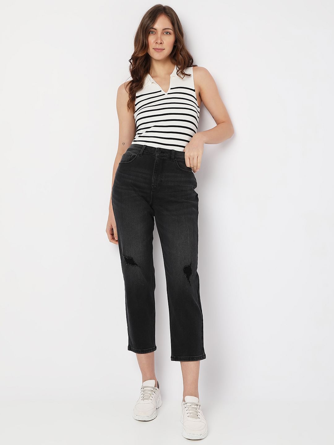 Charcoal Grey High Rise Distressed Mom Fit Jeans