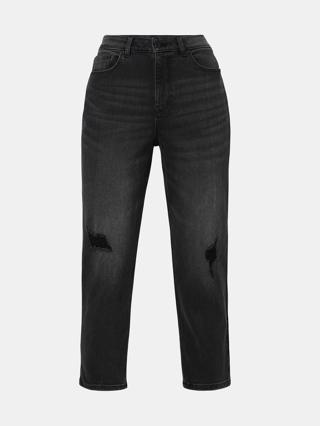 Charcoal Grey High Rise Distressed Mom Fit Jeans