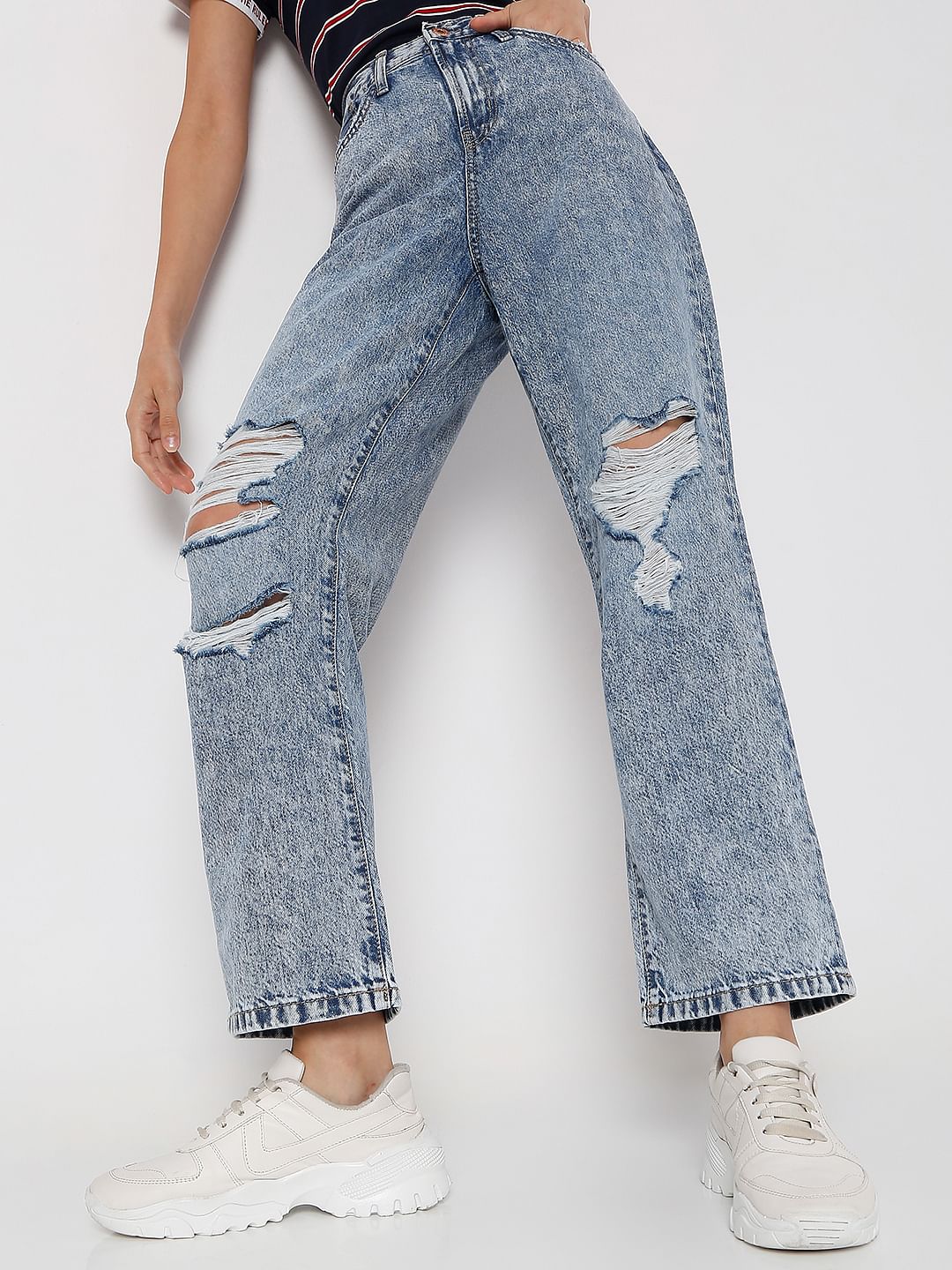 Blue High Rise Washed Boyfriend Jeans