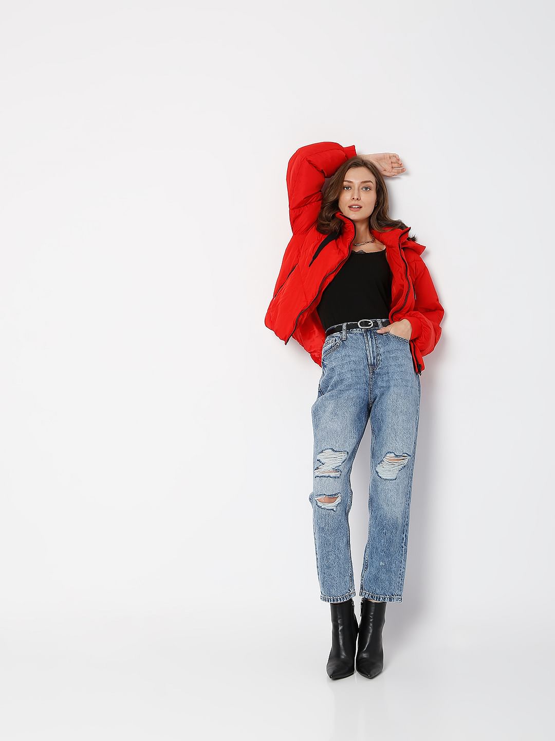 Blue High Rise Distressed Jade Straight Fit Jeans