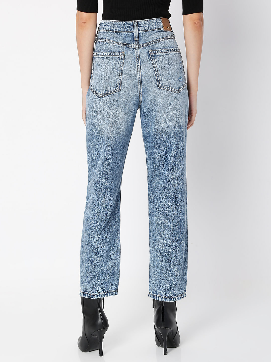 Blue High Rise Distressed Jade Straight Fit Jeans