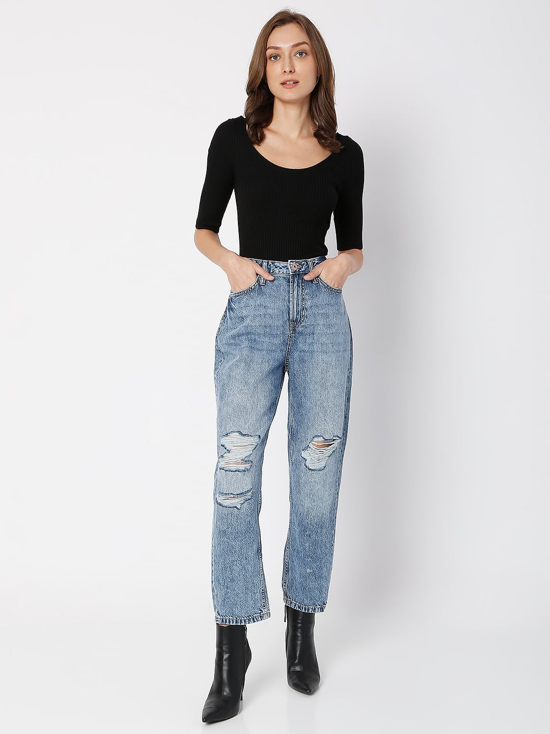 Blue High Rise Distressed Jade Straight Fit Jeans