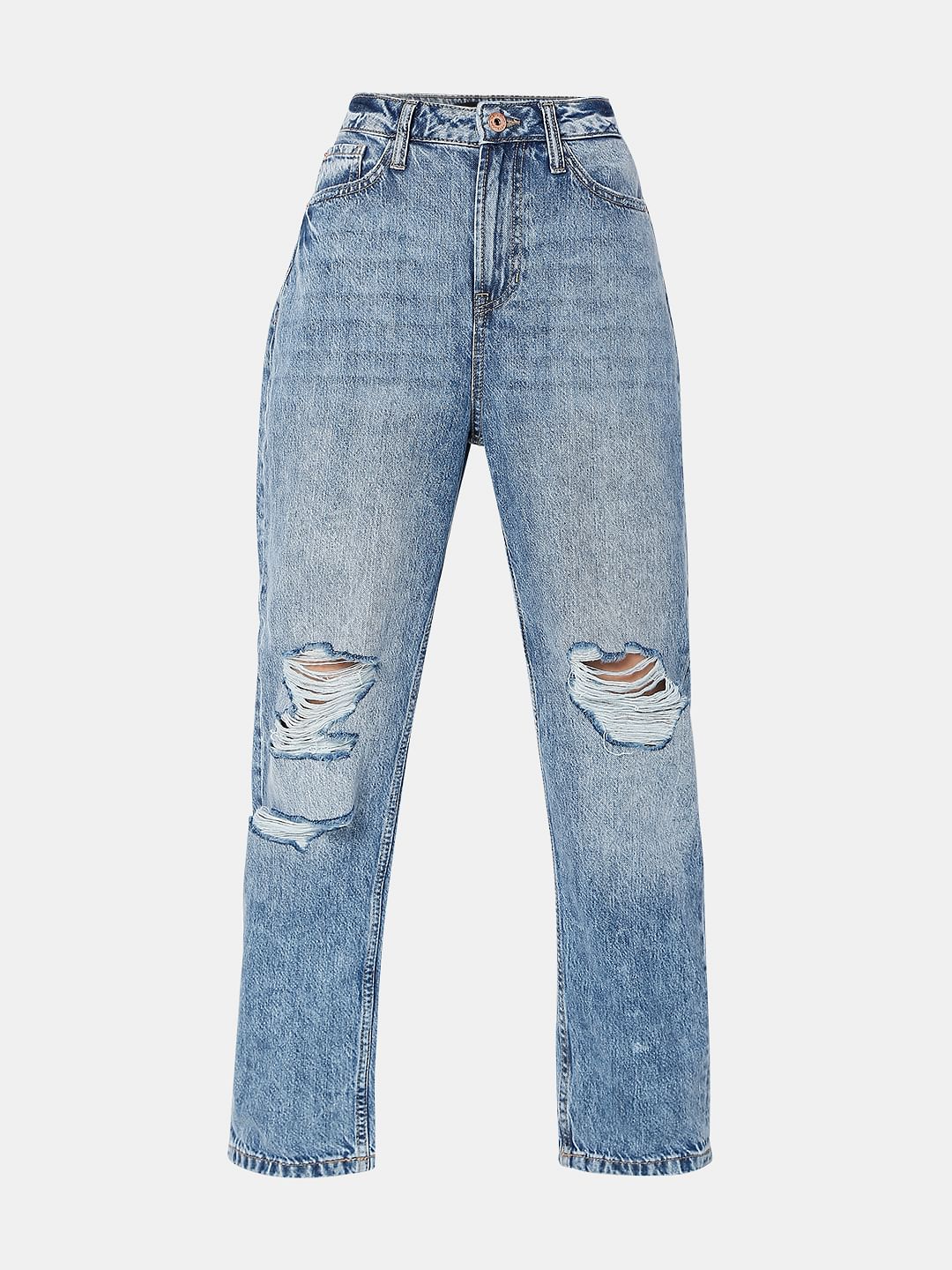Blue High Rise Distressed Jade Straight Fit Jeans