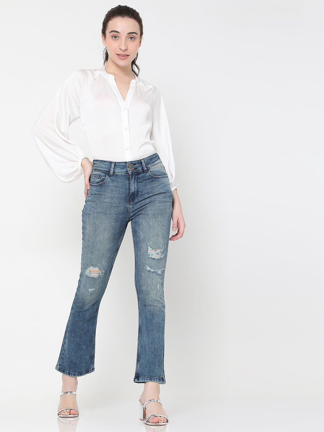 Blue High Rise Distressed Petra Bootcut Jeans