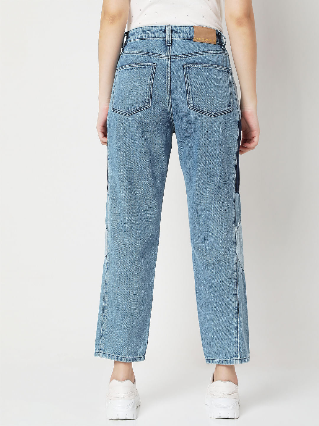 Blue High Rise Cut & Sew Panel Mom Fit Jeans