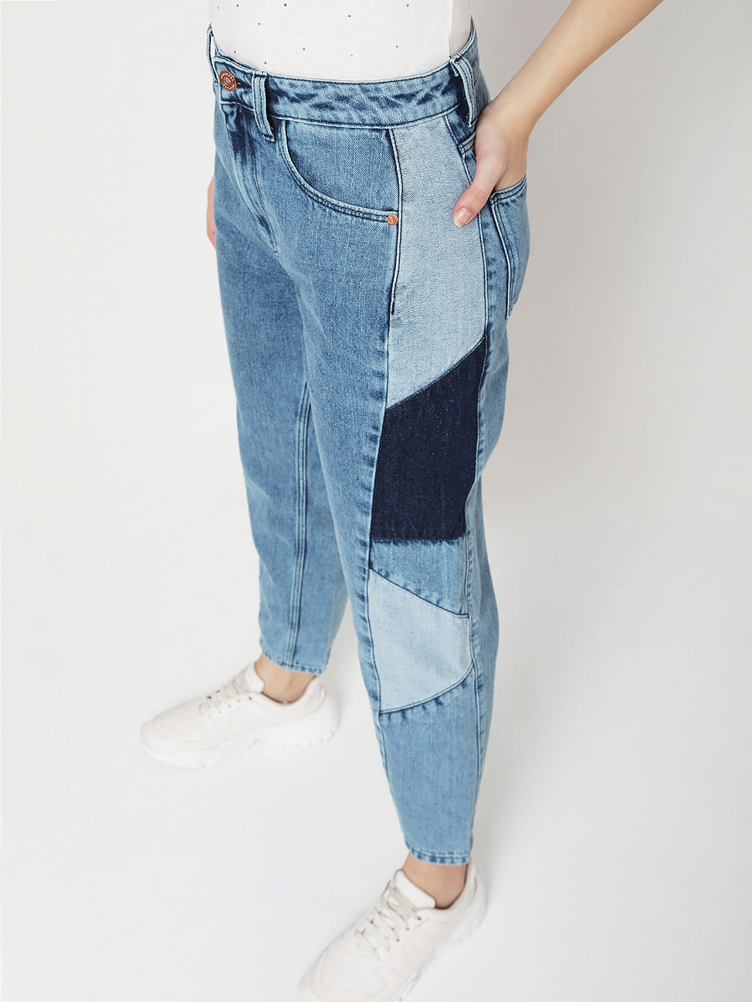 Blue High Rise Cut & Sew Panel Mom Fit Jeans