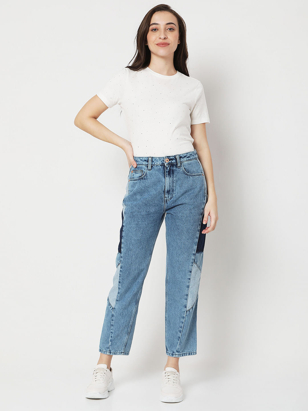 Blue High Rise Cut & Sew Panel Mom Fit Jeans