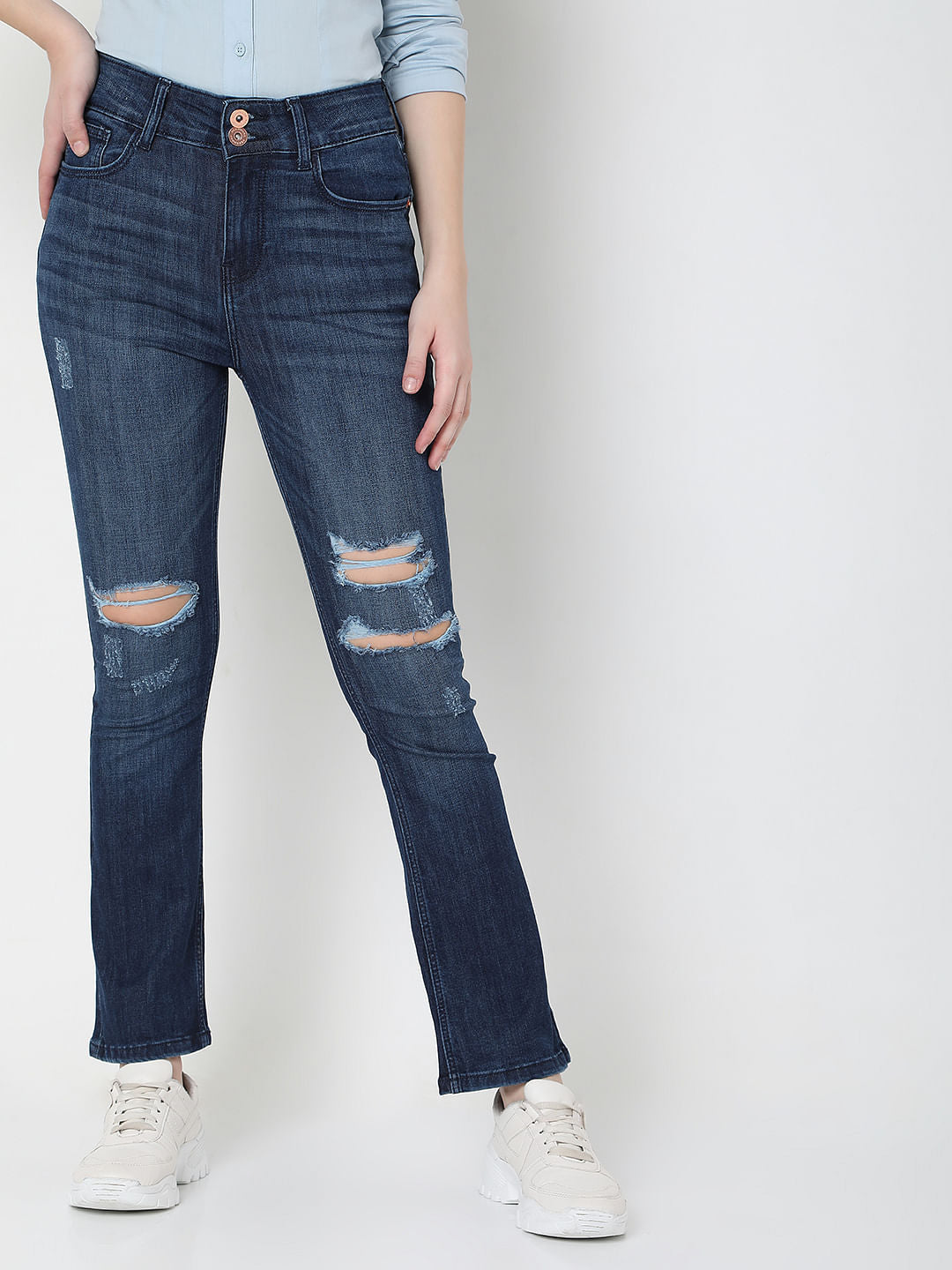 Dark Blue High Rise Distressed Petra Bootcut Jeans