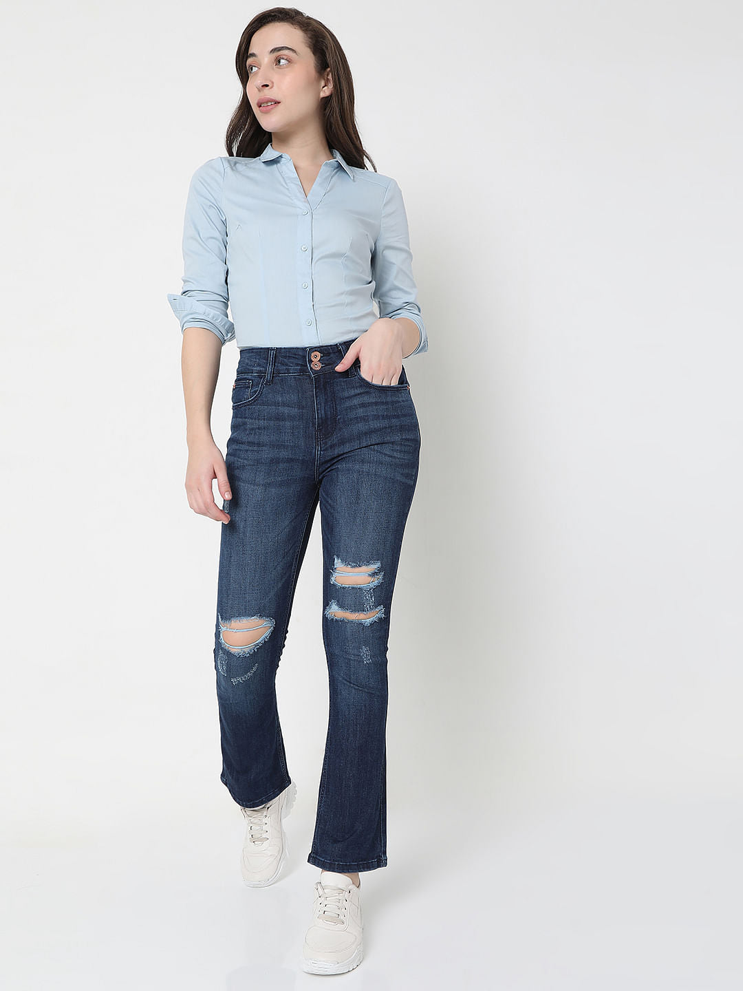 Dark Blue High Rise Distressed Petra Bootcut Jeans