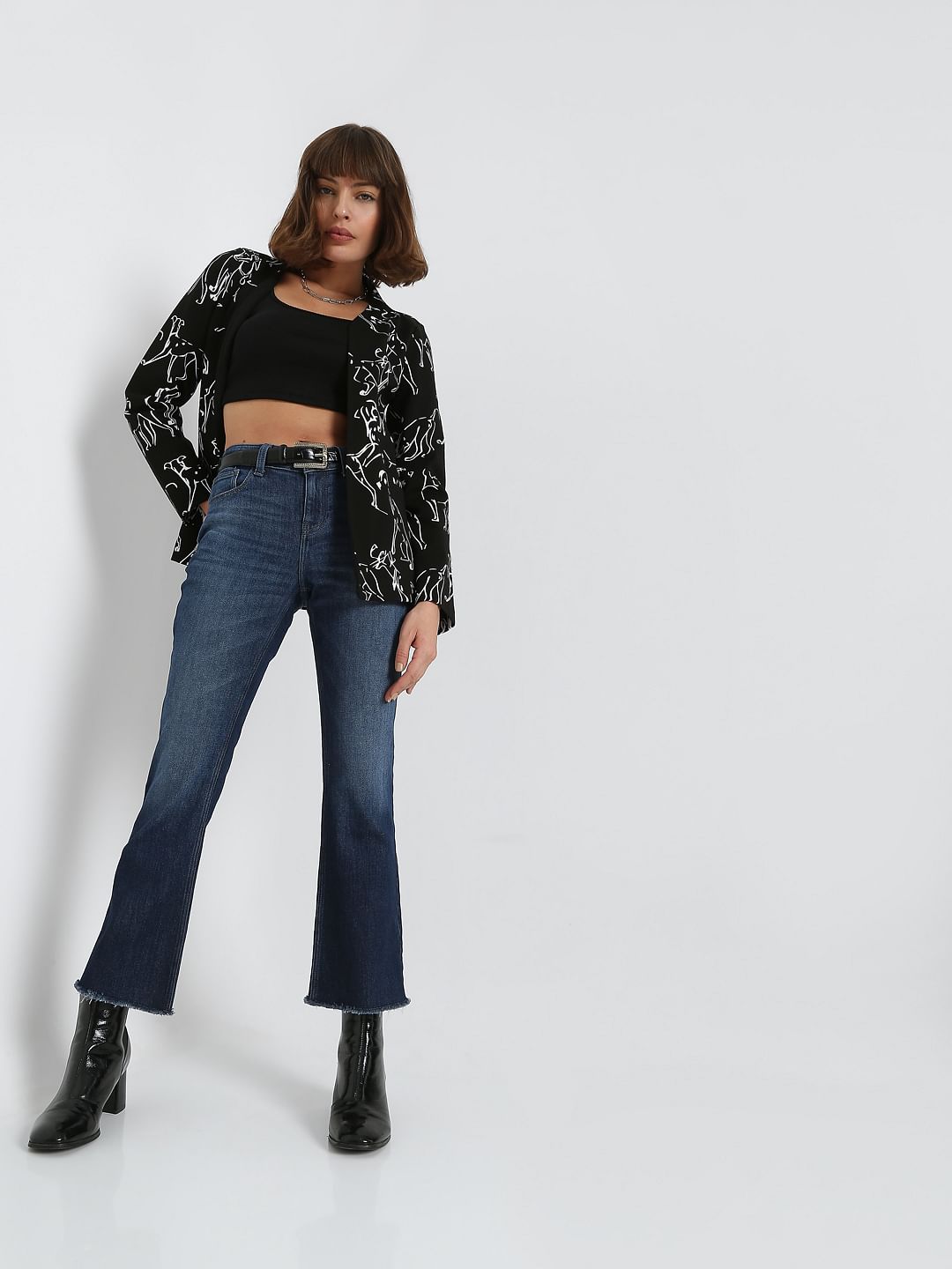 Blue Mid Rise Frayed Hem Petra Bootcut Jeans