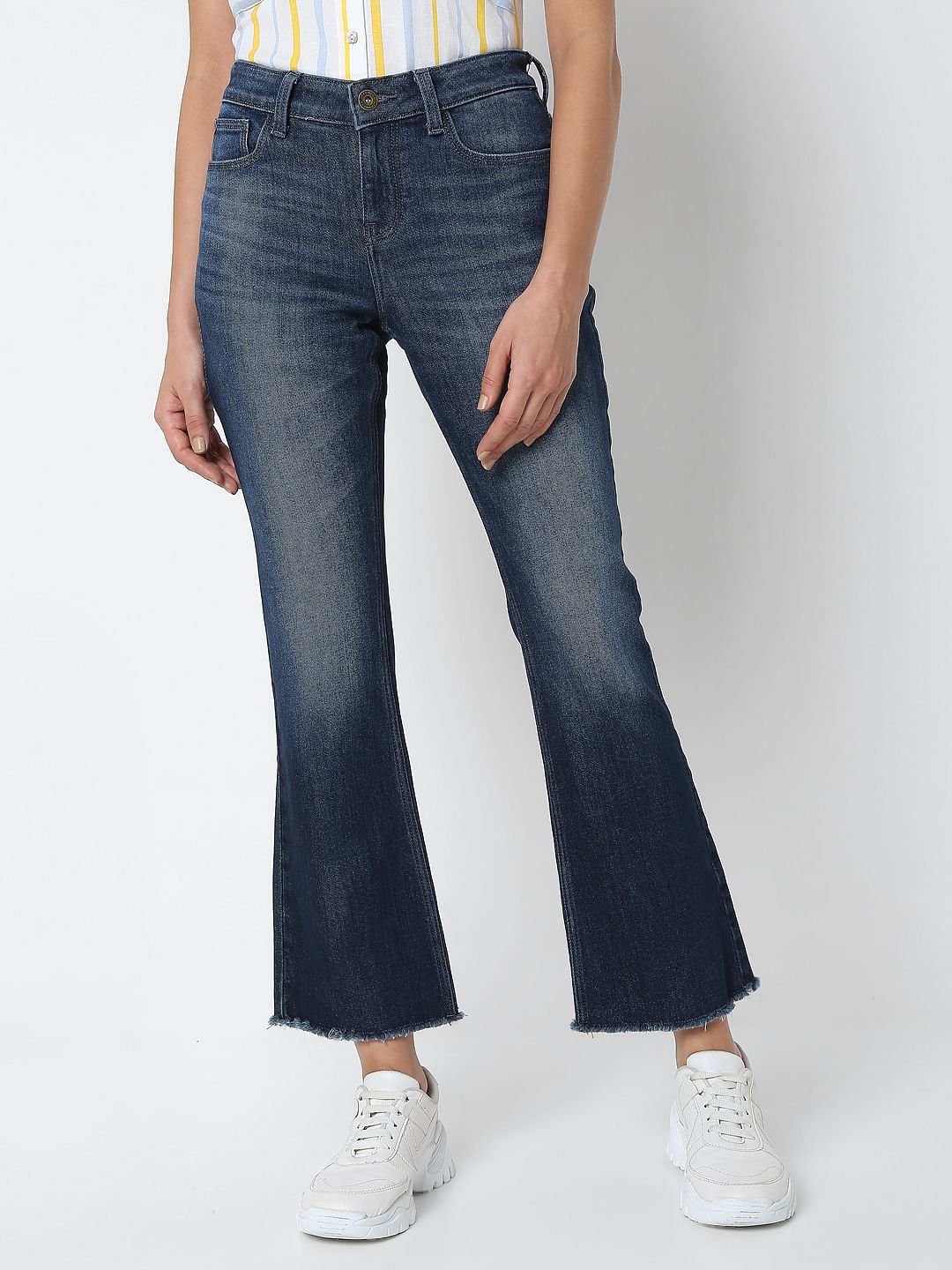 Blue Mid Rise Frayed Hem Petra Bootcut Jeans