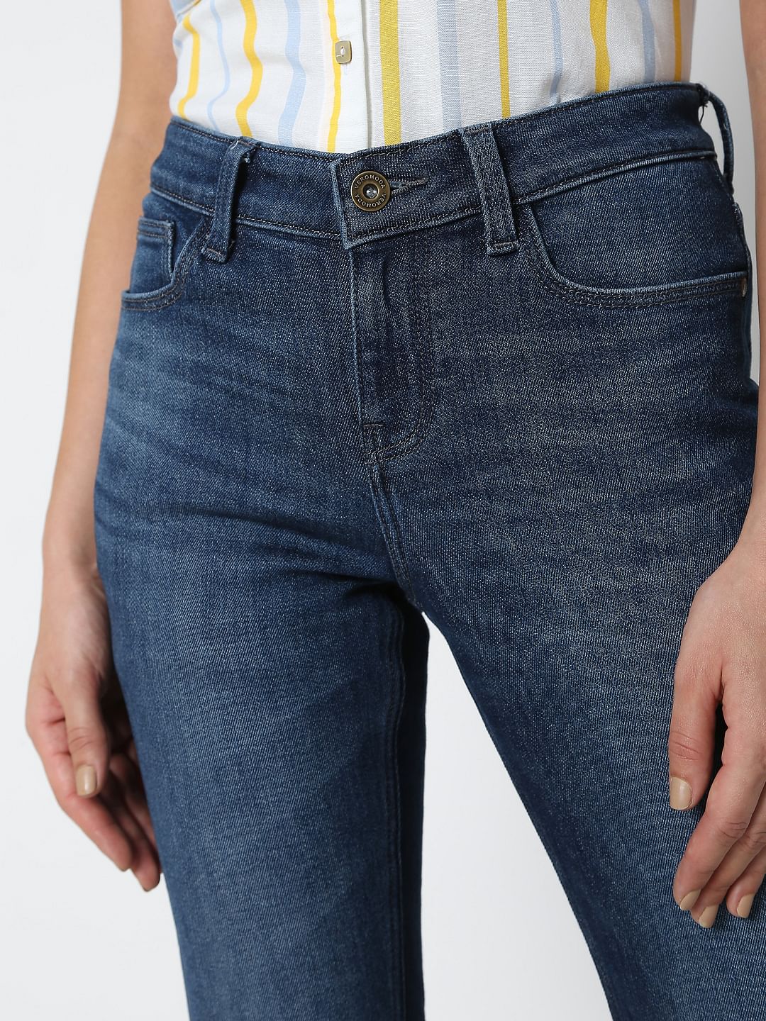 Blue Mid Rise Frayed Hem Petra Bootcut Jeans