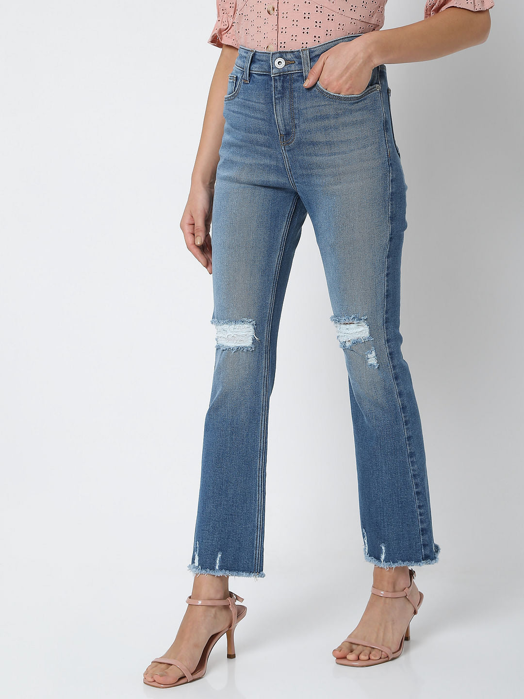 Light Blue High Rise Ripped Petra Bootcut Jeans