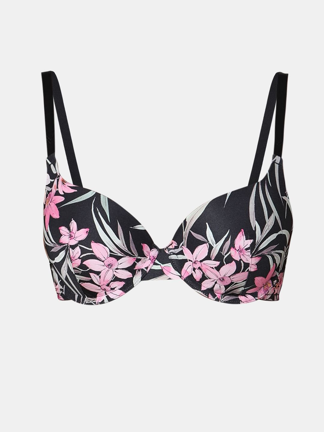 Black Floral Padded Semi Coverage Push-Up Bra