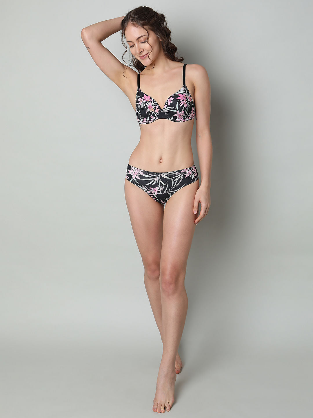 Black Floral Print Padded T-Shirt Bra