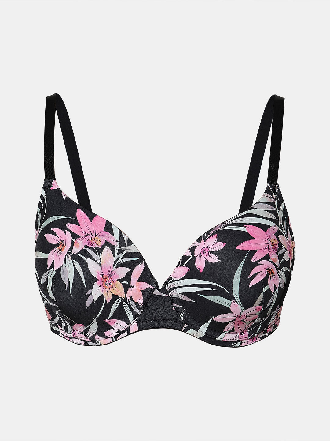 Black Floral Print Padded T-Shirt Bra