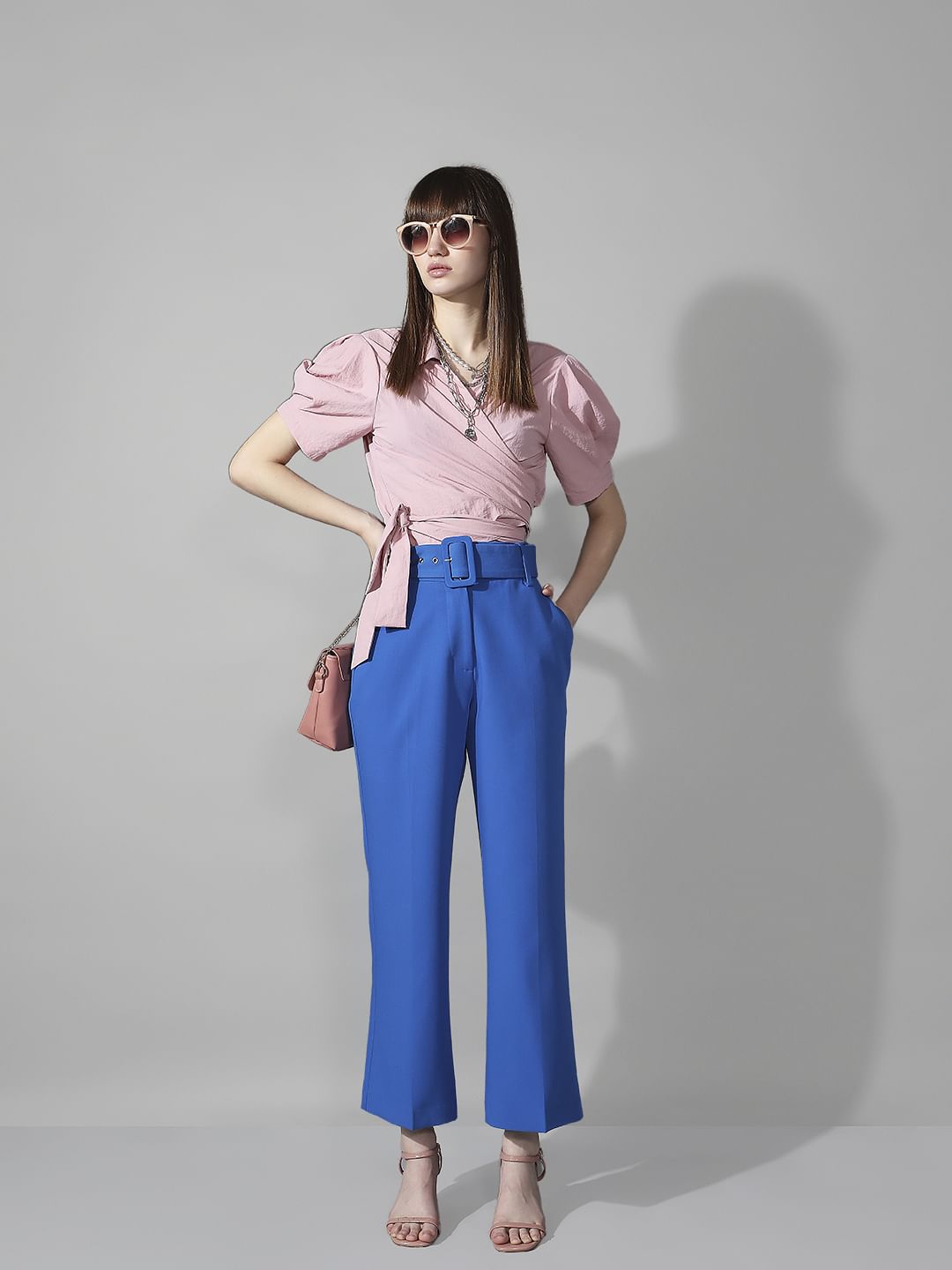 Blue High Rise Belted Pants