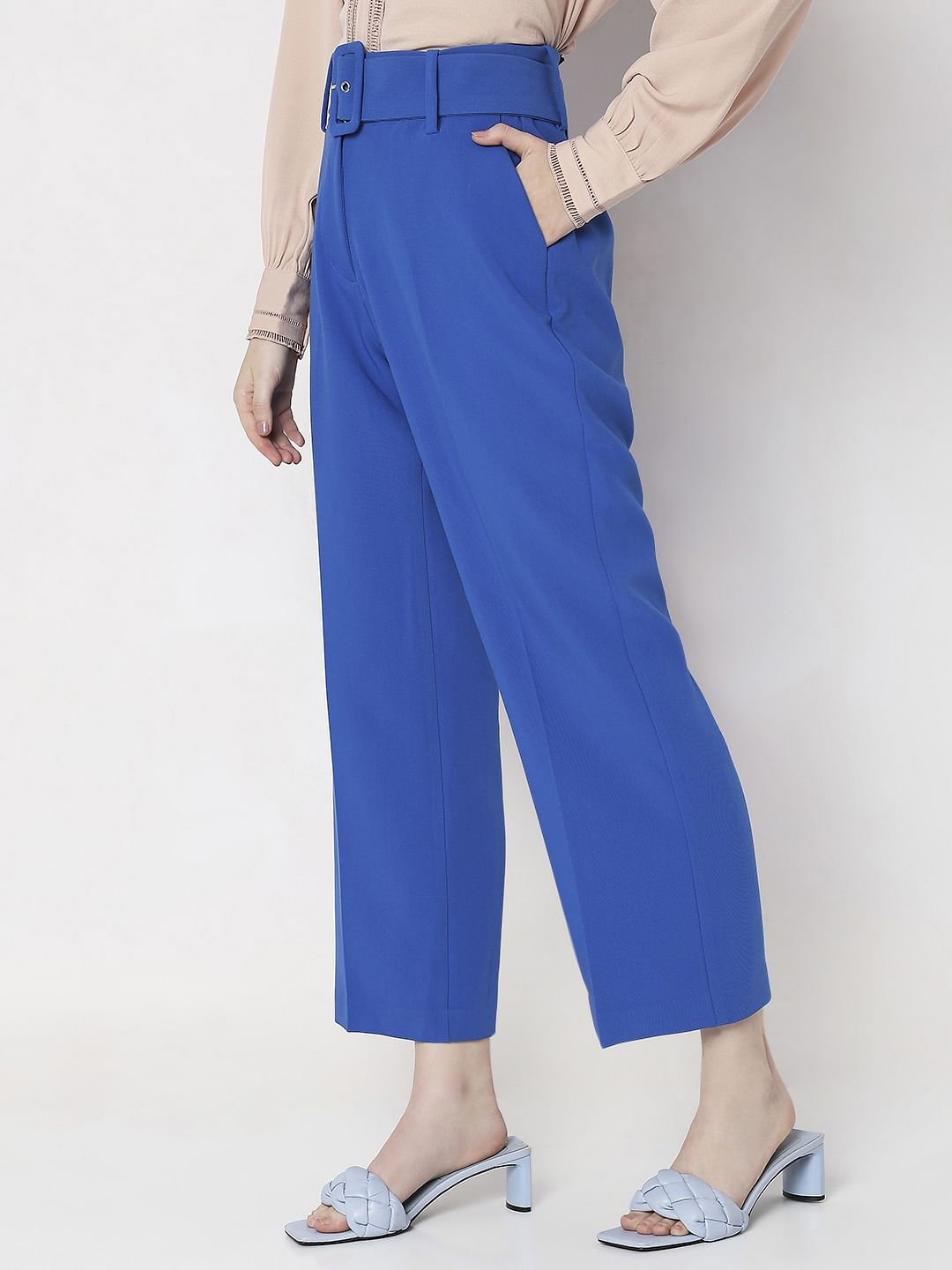 Blue High Rise Belted Pants