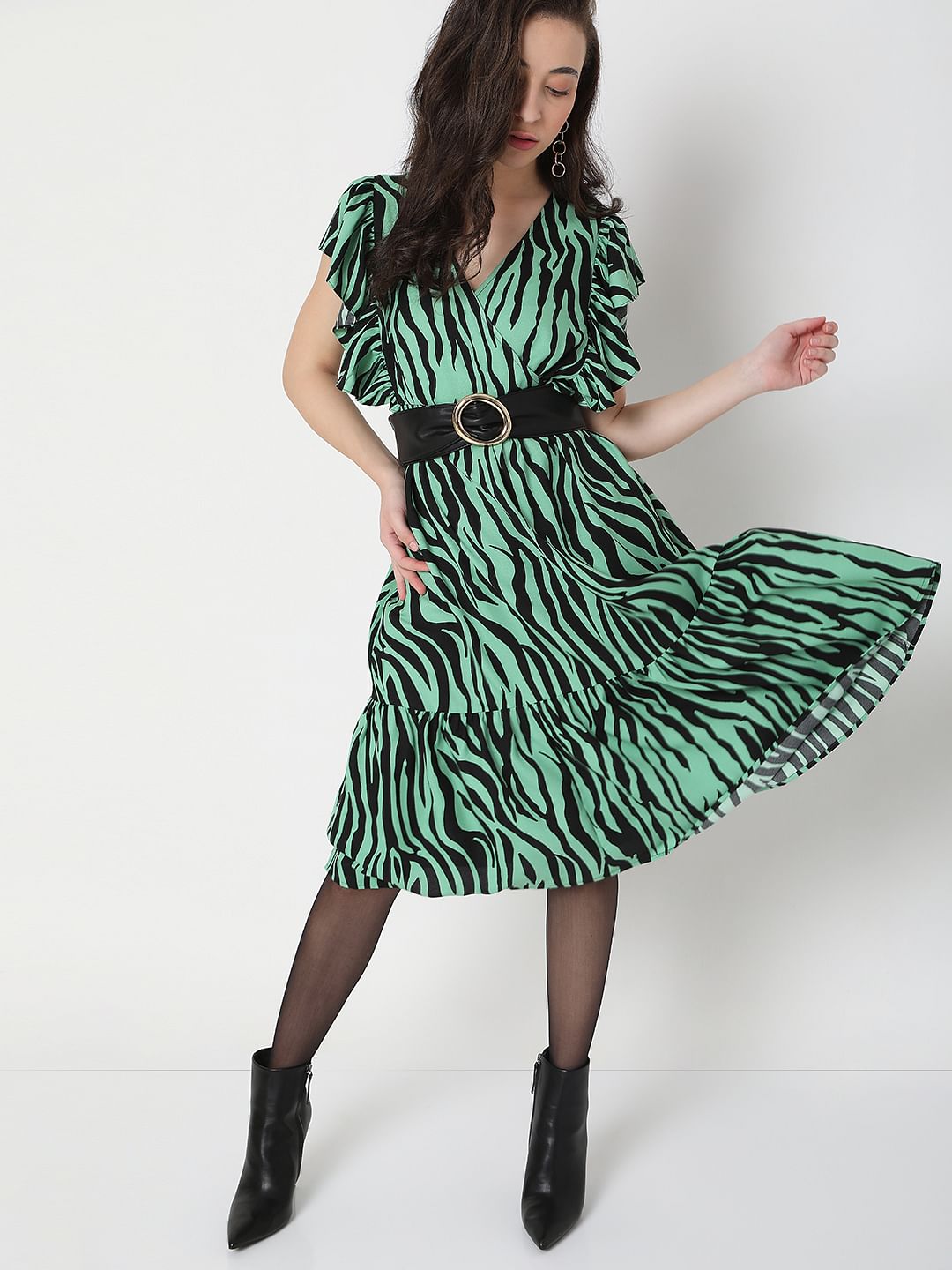 Green Animal Print Midi Dress