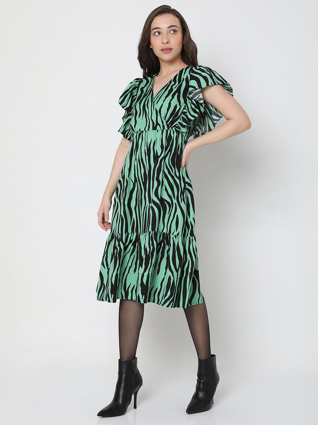 Green Animal Print Midi Dress