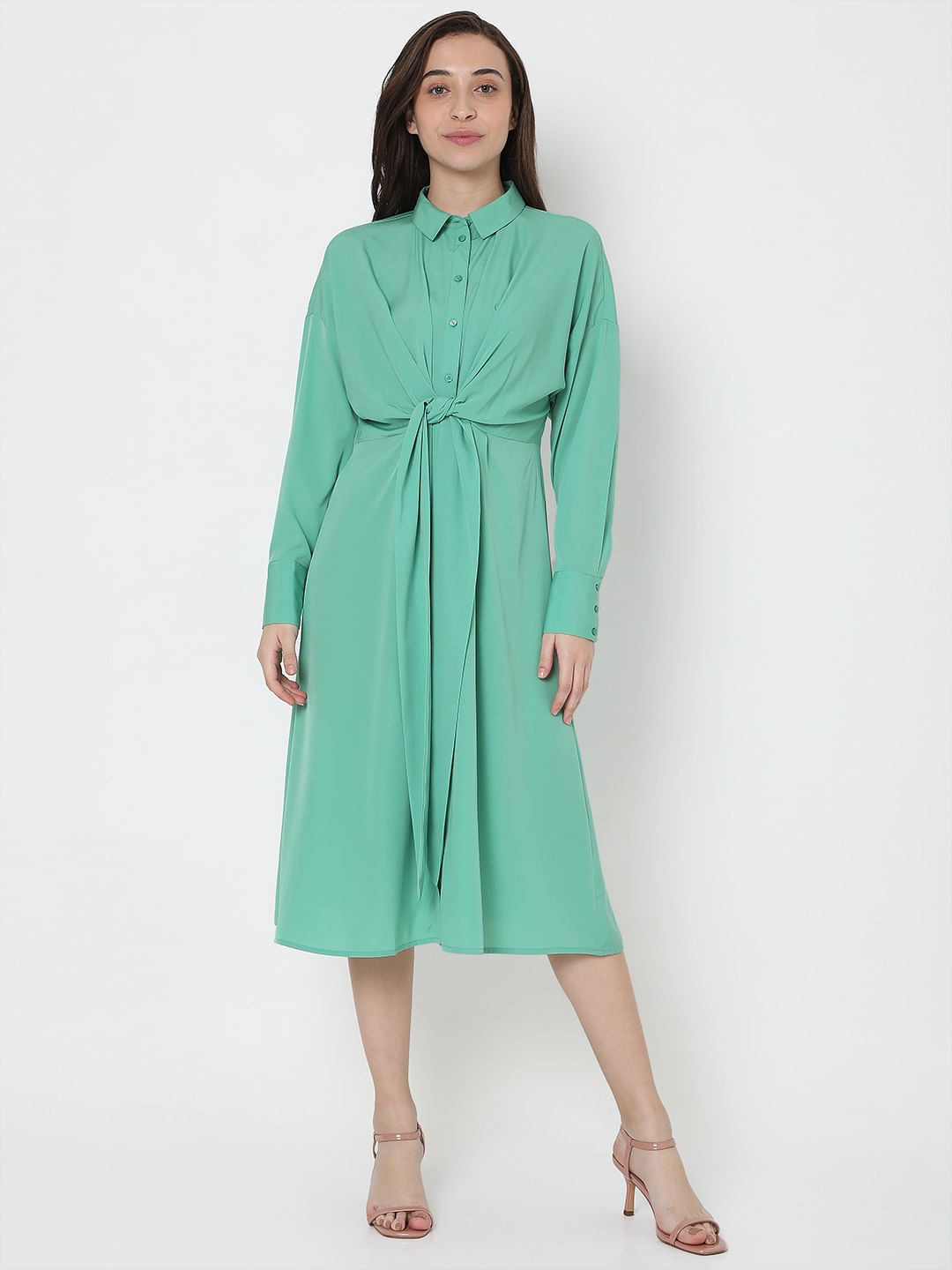 Green Tie-Up Shirt Dress