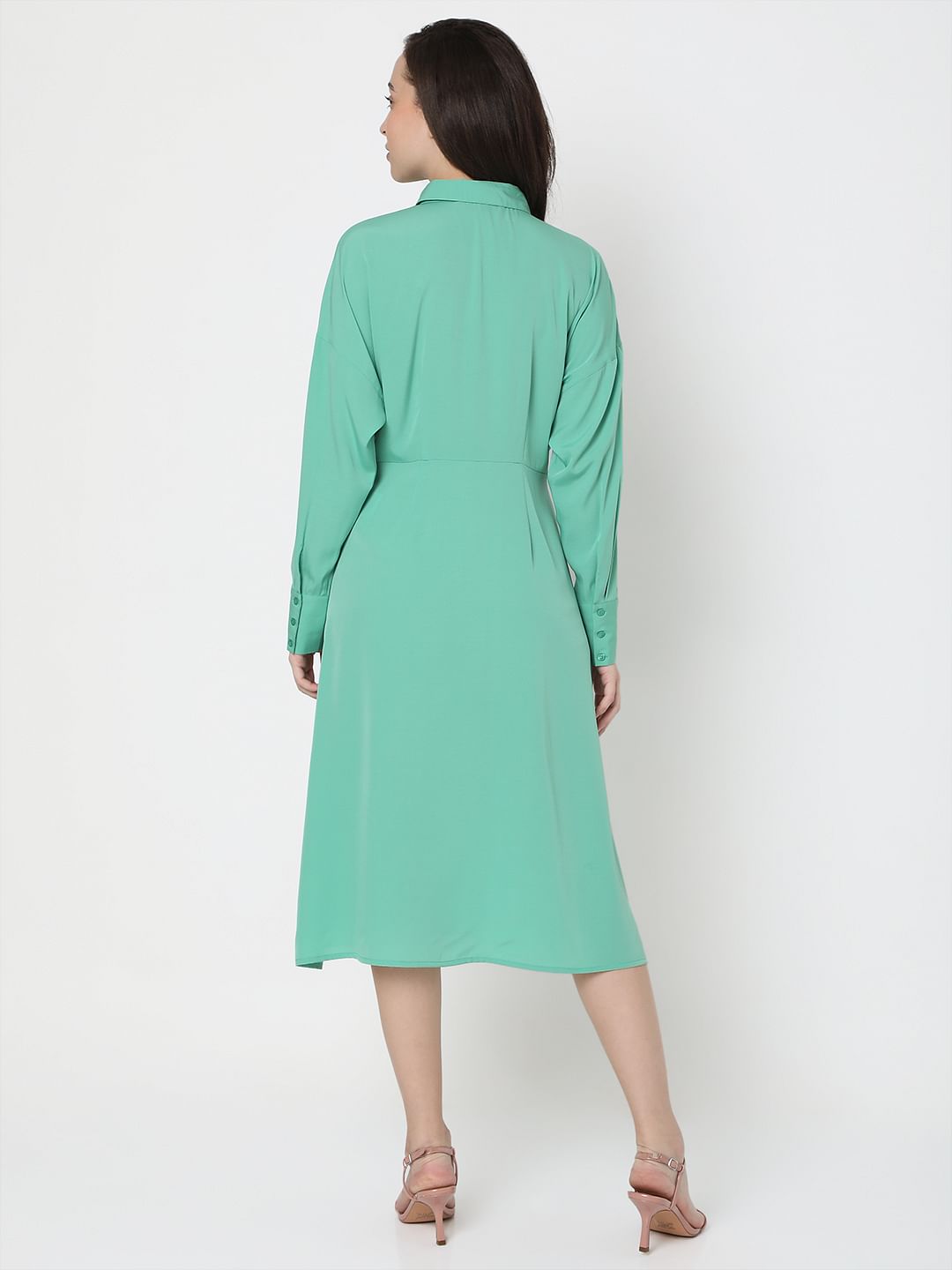 Green Tie-Up Shirt Dress