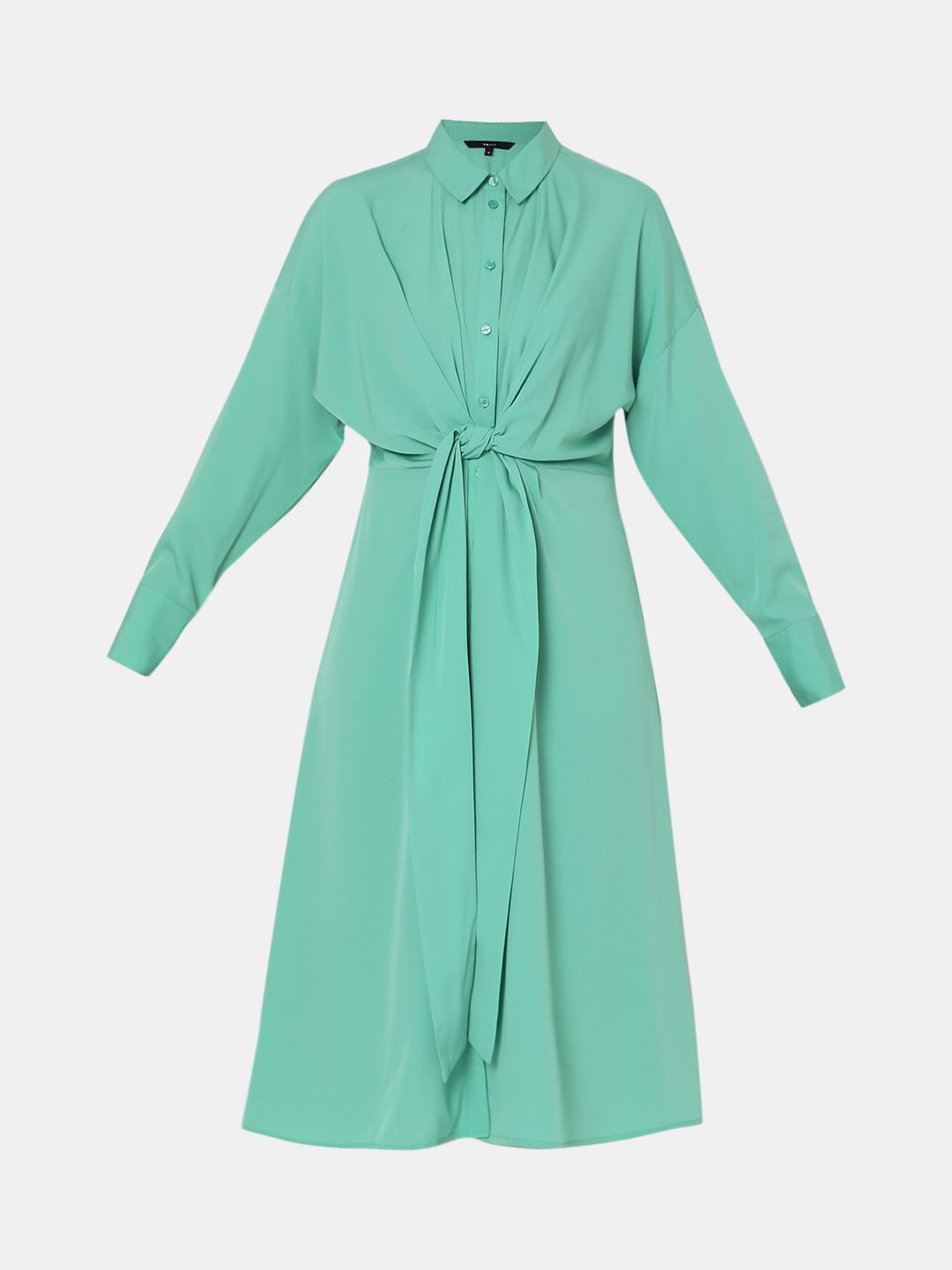 Green Tie-Up Shirt Dress