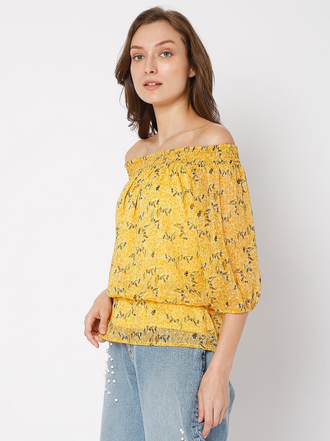 Yellow Floral Off-Shoulder Top