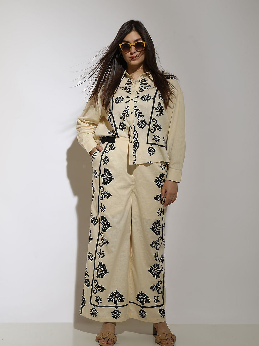 Curve Beige Printed Co-Ord Pants