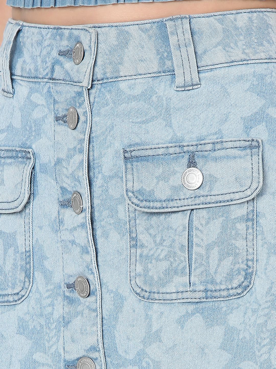 Light Blue Printed Denim Skirt