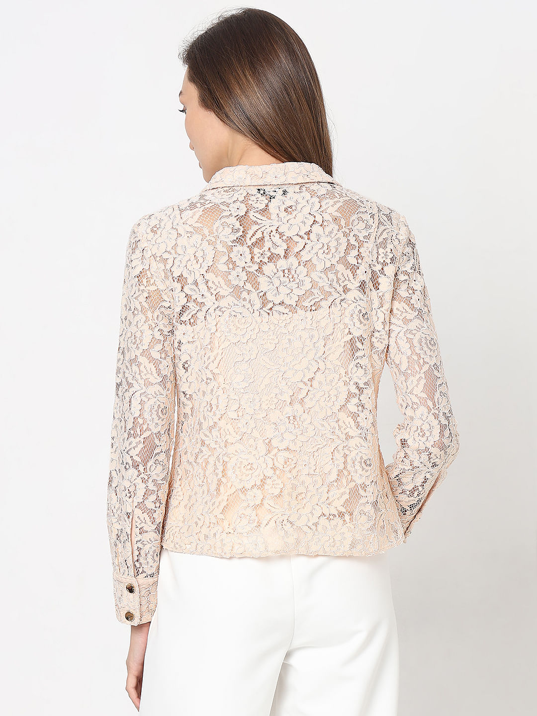 Peach-Pink Floral Lace Shirt