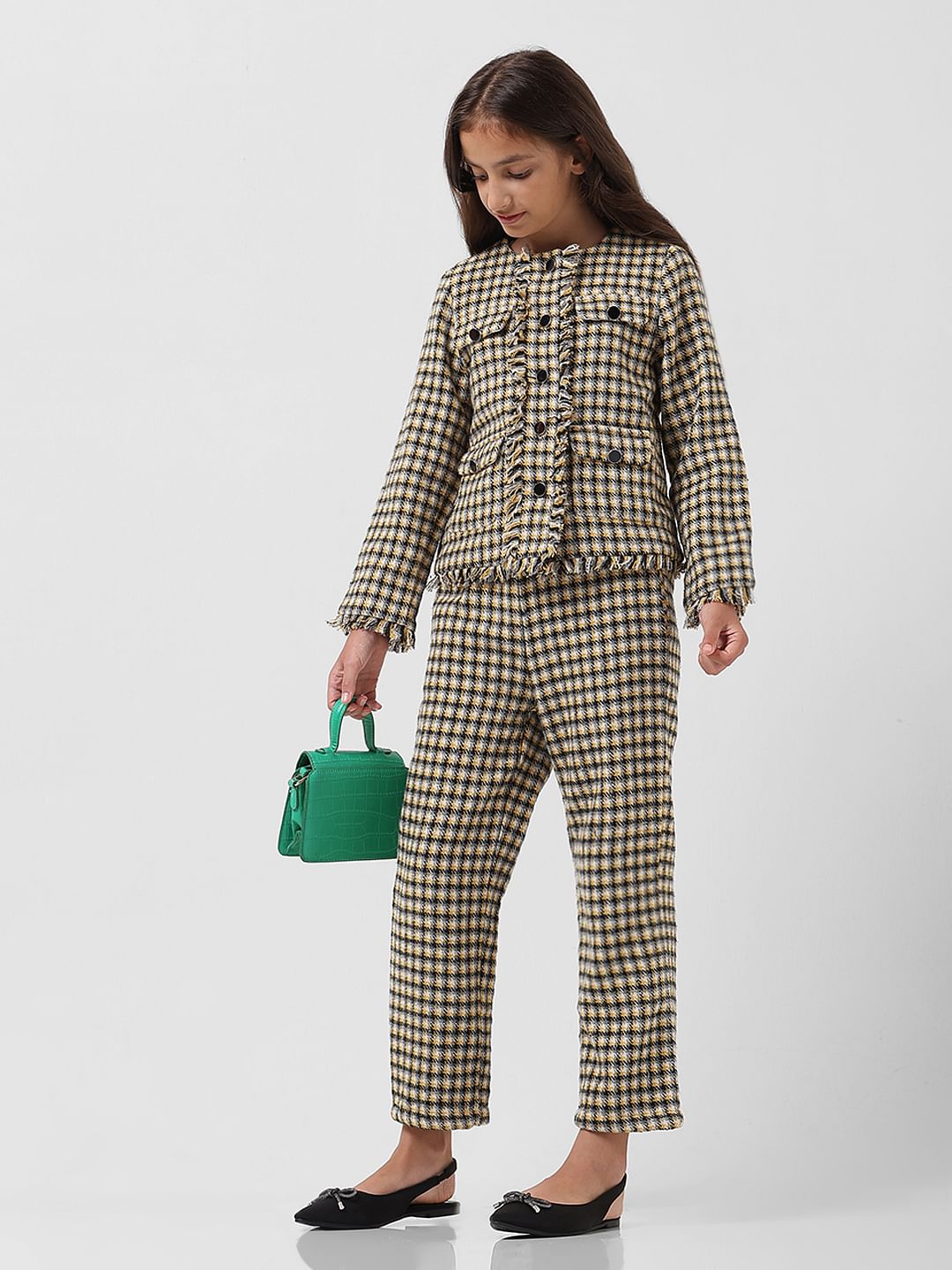 Girl Yellow Check Tweed Pants