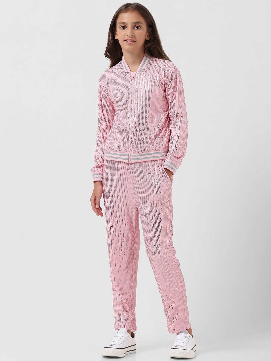 Girl Pink Sequinned Bomber Jacket