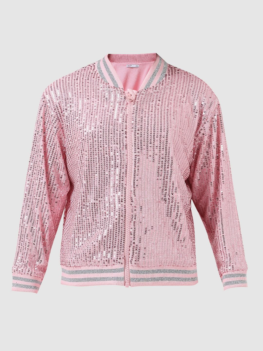 Girl Pink Sequinned Bomber Jacket