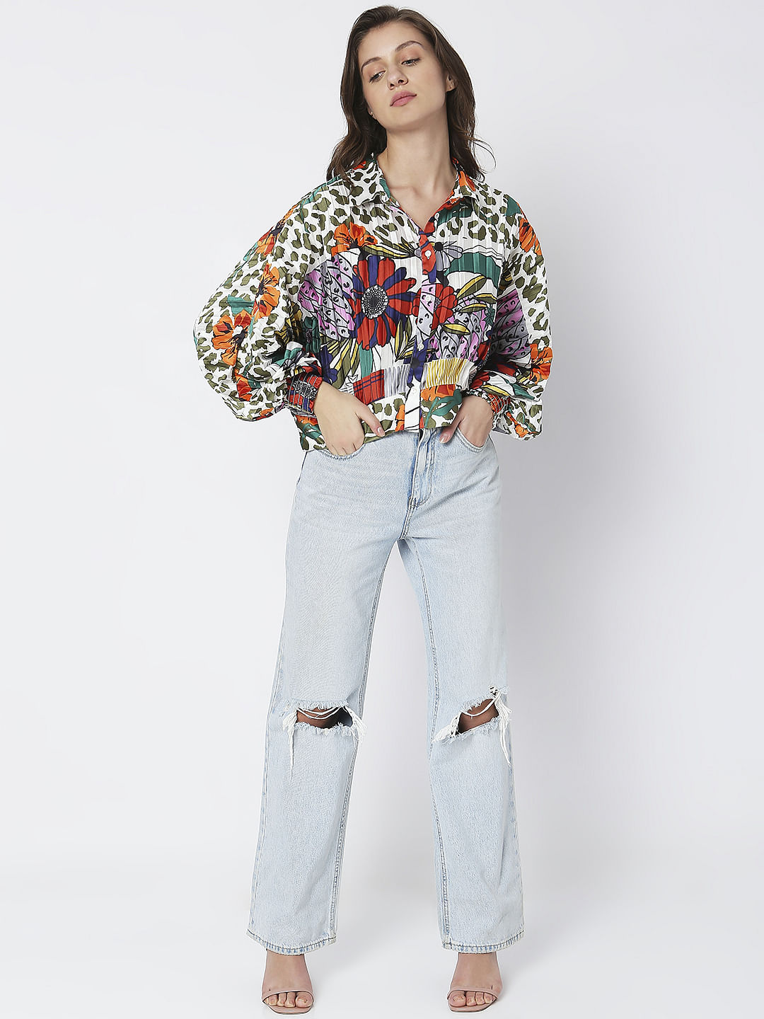 Green Abstract Print Pleated Shirt