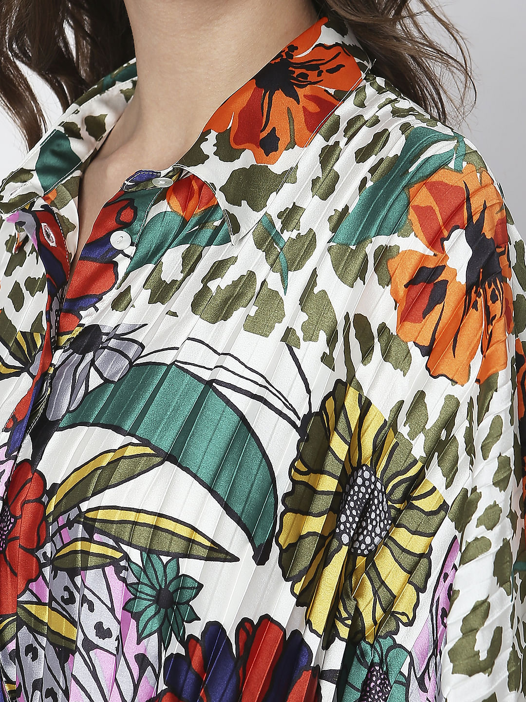 Green Abstract Print Pleated Shirt