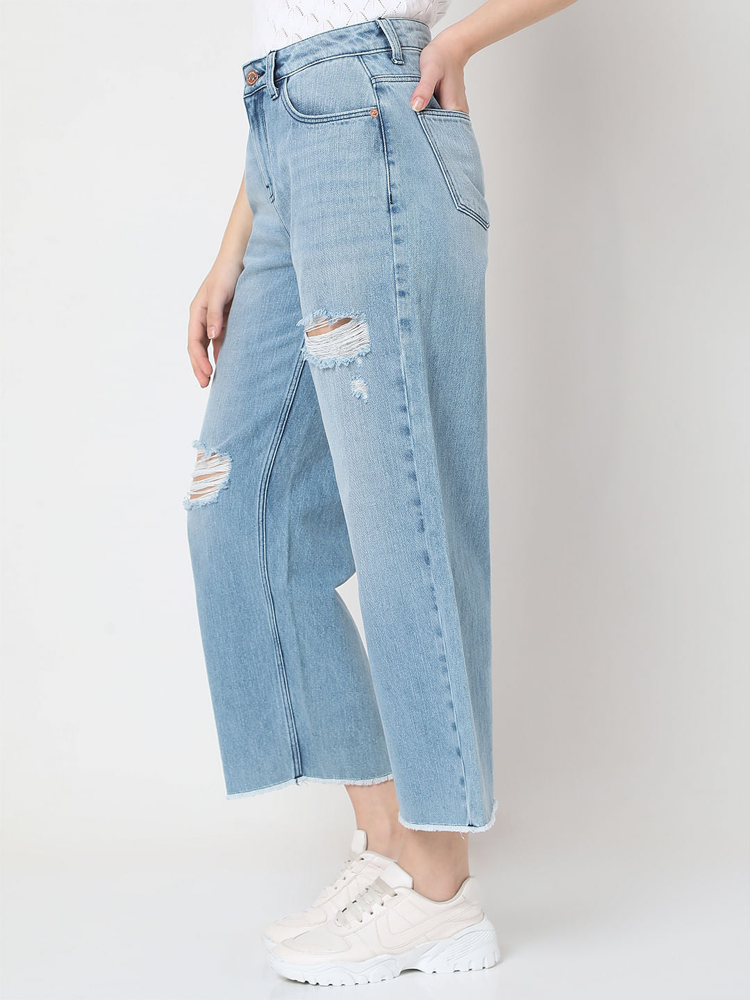 Light Blue Ripped Zoey Wide-Leg Jeans